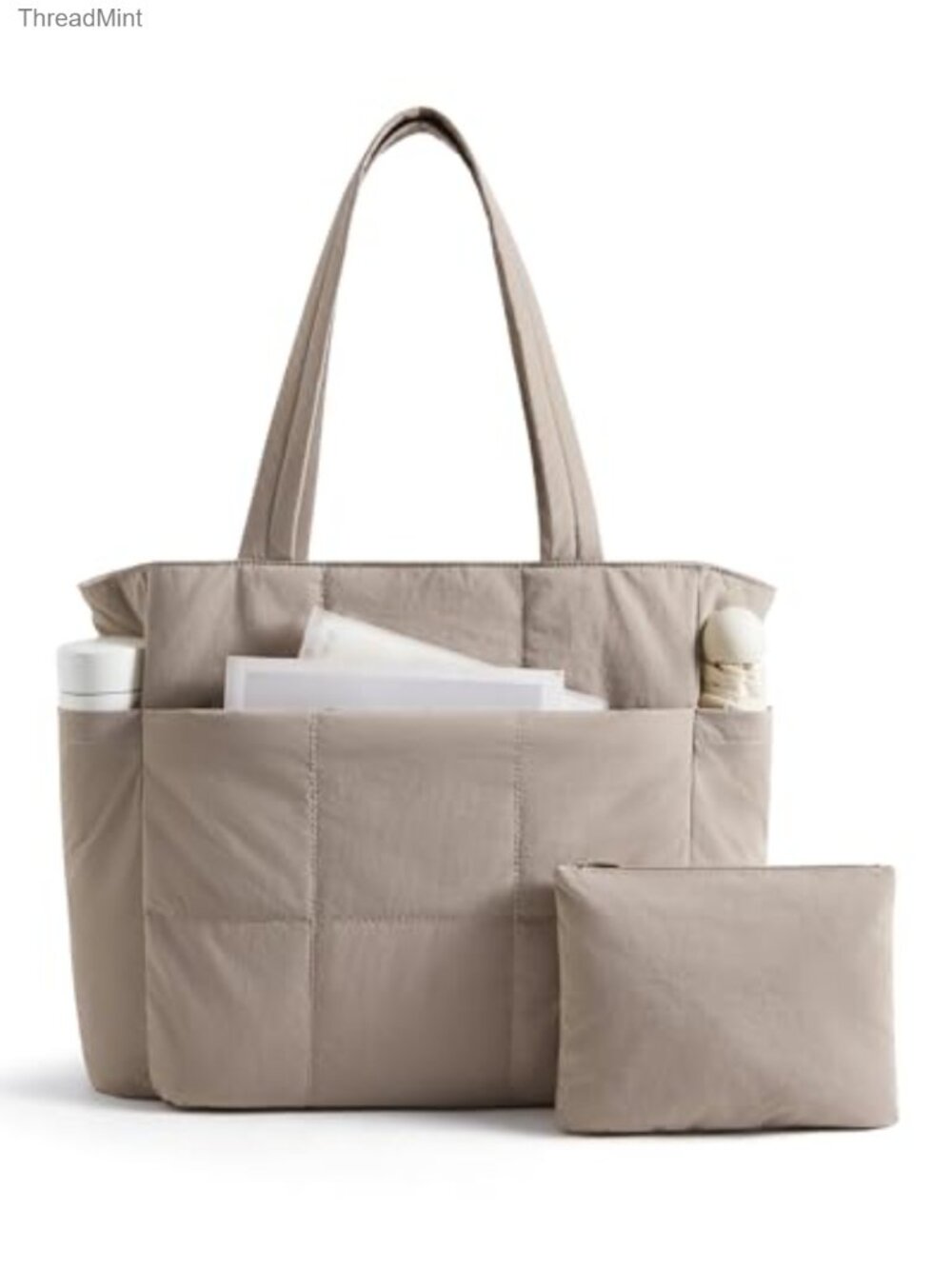 Quilted Lightweight Tote Bag with Laptop Compartment and Pouch - 2 Piece Set
